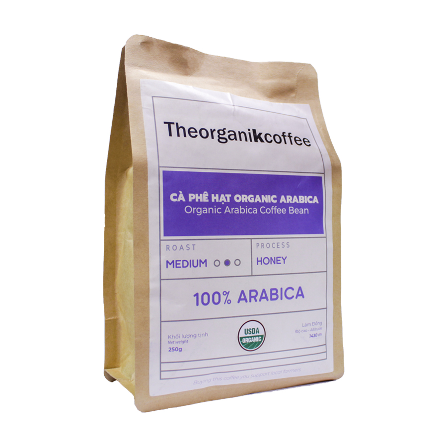 Cà phê Arabica hữu cơ rang mộc - dạng hạt, 250g