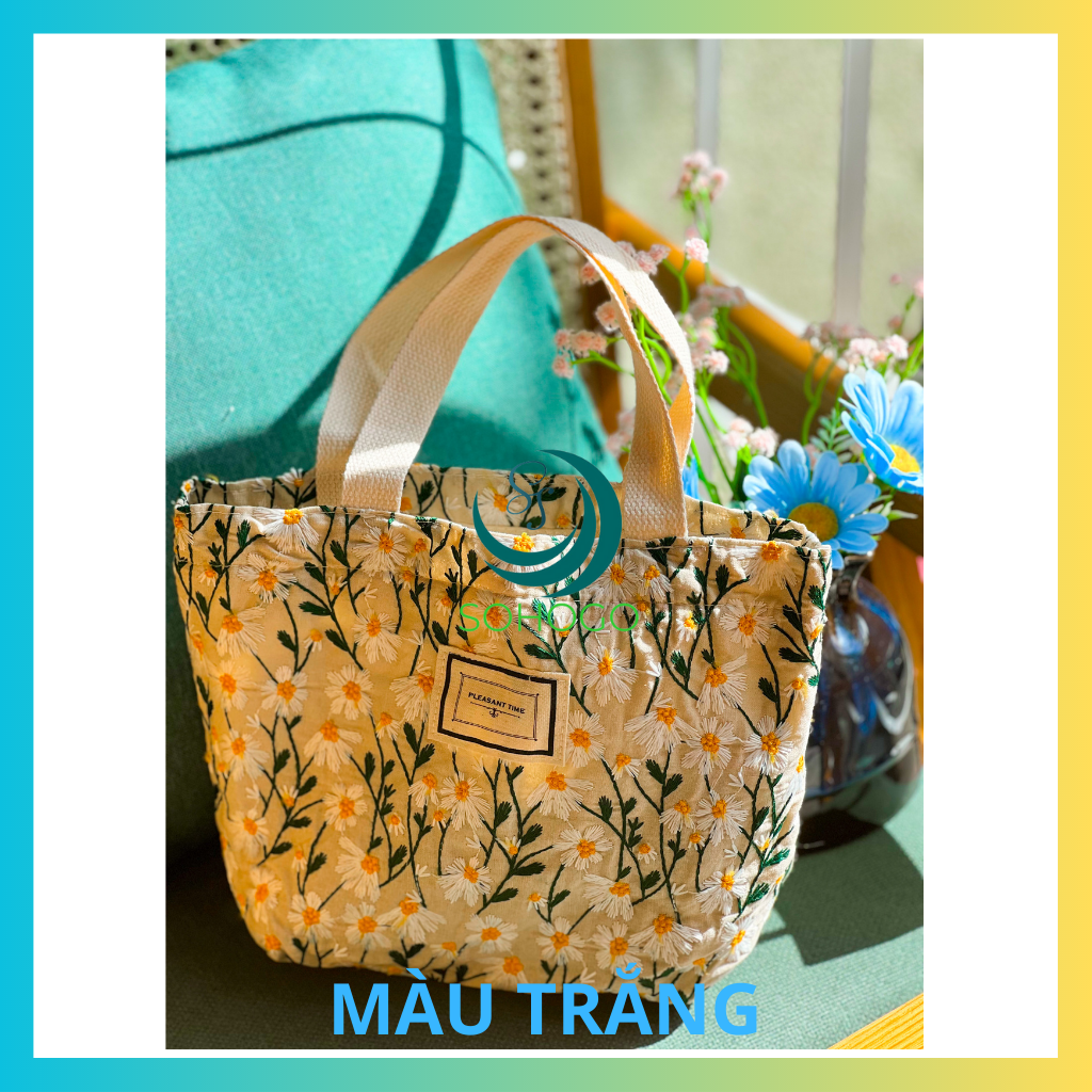 -Túi xách thời trang nữa họa tiết thêu hoa cúc nhỏ 30x21x10cm-Túi Tote handmade