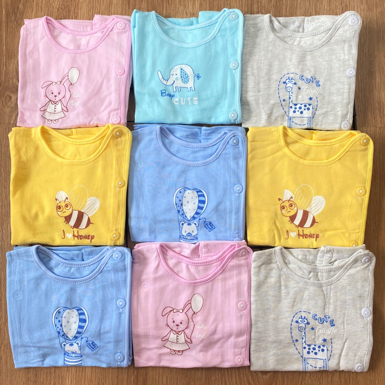 COMBO 5 Áo sơ sinh cotton THT-FR GGY | Áo Màu Cài Lệch Tay Ngắn | Size 1 - 3 cho bé sơ sinh - 9 kg| Chất vải thun cotton 100% xịn, đẹp, mềm, họa tiết xinh | Hàng Việt Nam | Quần sơ sinh | Quần áo sơ sinh