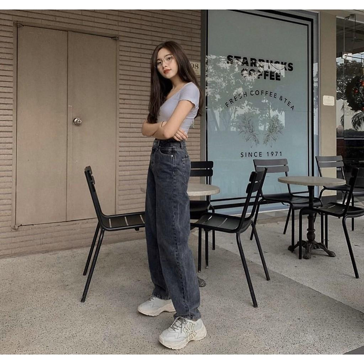  QUẦN JEAN DÀI ỐNG RỘNG LƯNG CAO XÁM ĐEN TRƠN BASIC - QUẦN BÒ NỮ CULOTTES SUÔNG 60 - S<45Kg