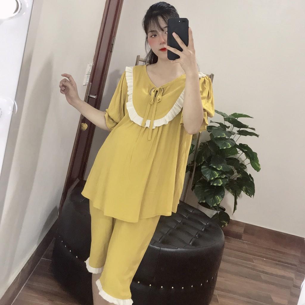 Đồ bộ bầu sau sinh mặc nhà mùa hè thiết kế dáng lửng - Chất liệu: đũi trơn, cotton, V110