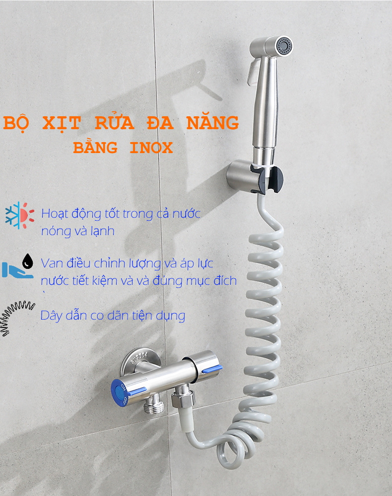 Bộ vòi xịt rửa đa năng bao gồm van xả 2 cổng có điều khiển riêng biệt, dây dẫn nước co dãn dạng lò so, vòi tay 2 chế độ thao tác. Chất liệu Inox, ABS, Dây PU