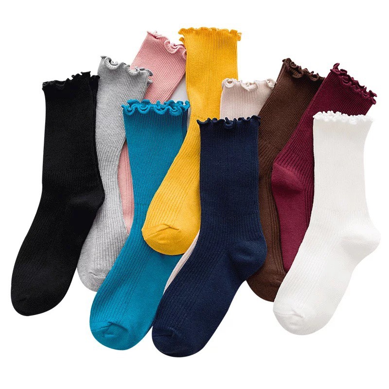 Set 5 Đôi Tất Nữ Cao Cổ Bèo Gân Tăm Phong Cách Thời Trang Trẻ Trung TN19