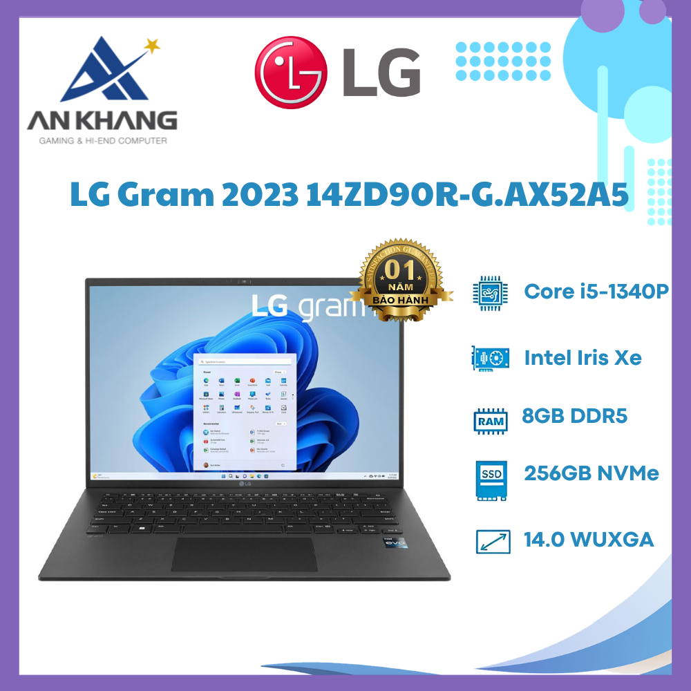 Laptop LG Gram 2023 14ZD90R-G.AX52A5 (Core i5 1340P/ 8GB/ 256GB SSD/ Intel Iris Xe Graphics/ 14.0inch WUXGA/ NoOS/ Black) - Hàng Chính Hãng - Bảo Hành 12 Tháng