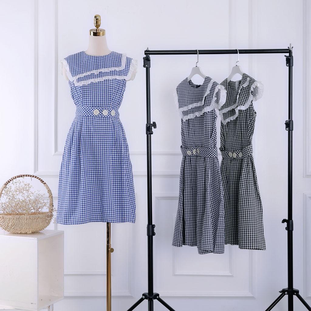 Đầm kiểu nữ sát nách kẻ caro dây lưng eo - Váy nữ cổ hải quân dáng xòe TK FASHION DK906