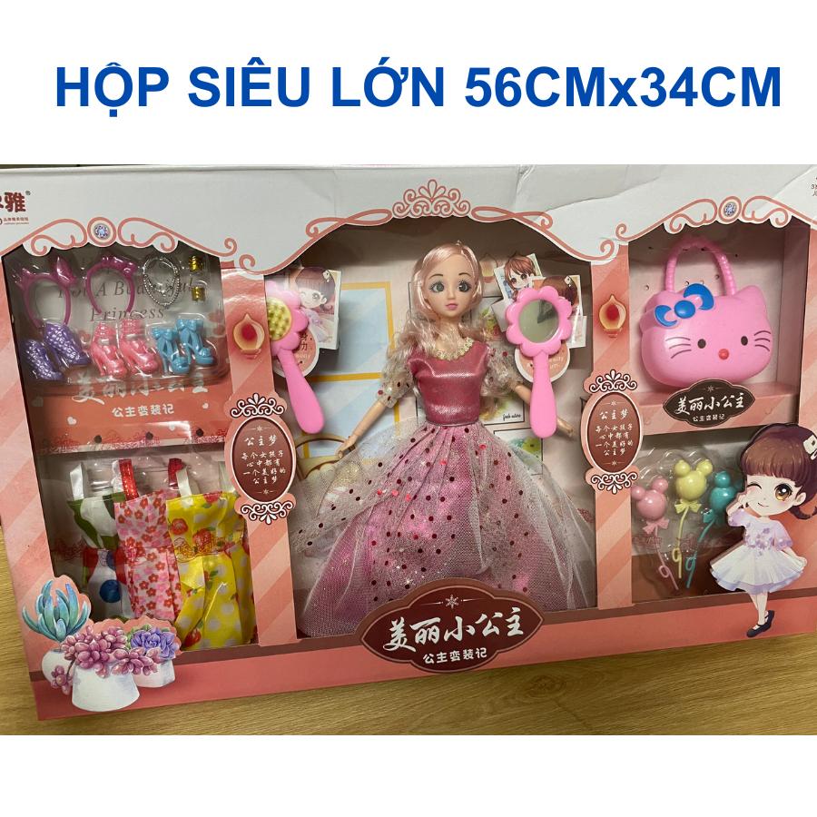 Búp bê công chúa, búp bê barbie hộp siêu lớn 56x34cm gồm 03 váy, 03 giày, trang sức và phụ kiện cho bé gái