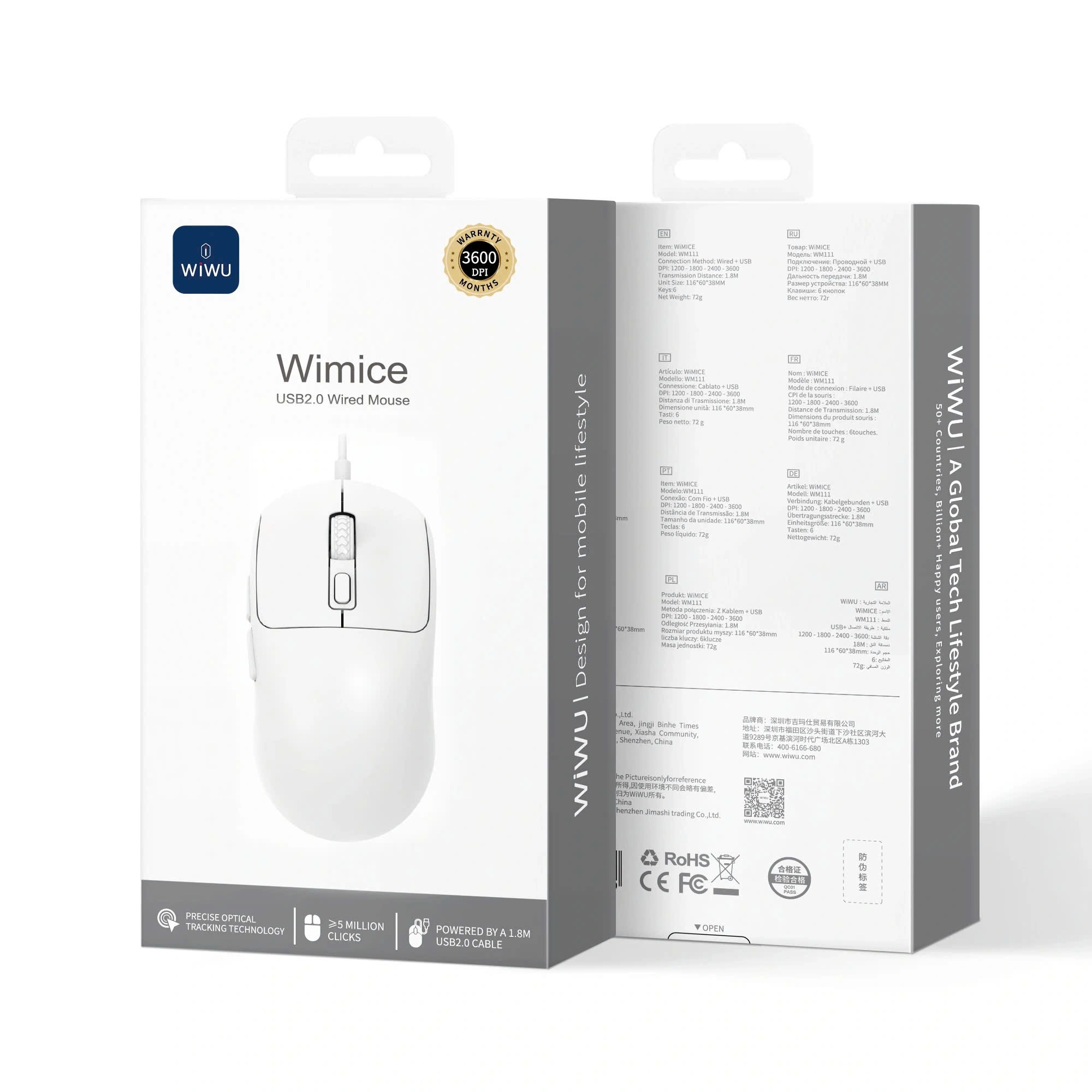 Chuột máy tính có dây AirPrecision Mouse DPI 3600, 6 Phím Thông Minh WIWU WM111 cho Laptop | Cáp 1.8M Siêu Bền | Switch 5 Triệu Lần Nhấp | Chuột Văn Phòng, Học Tập, Gaming Nhẹ - Hàng nhập khẩu