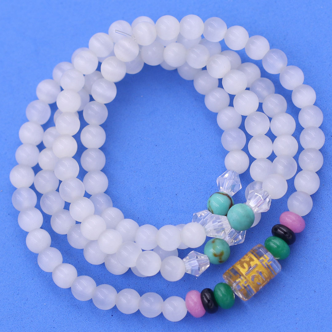 Bộ Vòng Chuỗi, Tràng Hạt 108 Hạt 6 Ly Đá Mắt Mèo Trắng Charm Lục Tự Chân Ngôn - Tràng Chuỗi Niệm Phật - An Yên - Thịnh Vượng - May Mắn - Tài Lộc