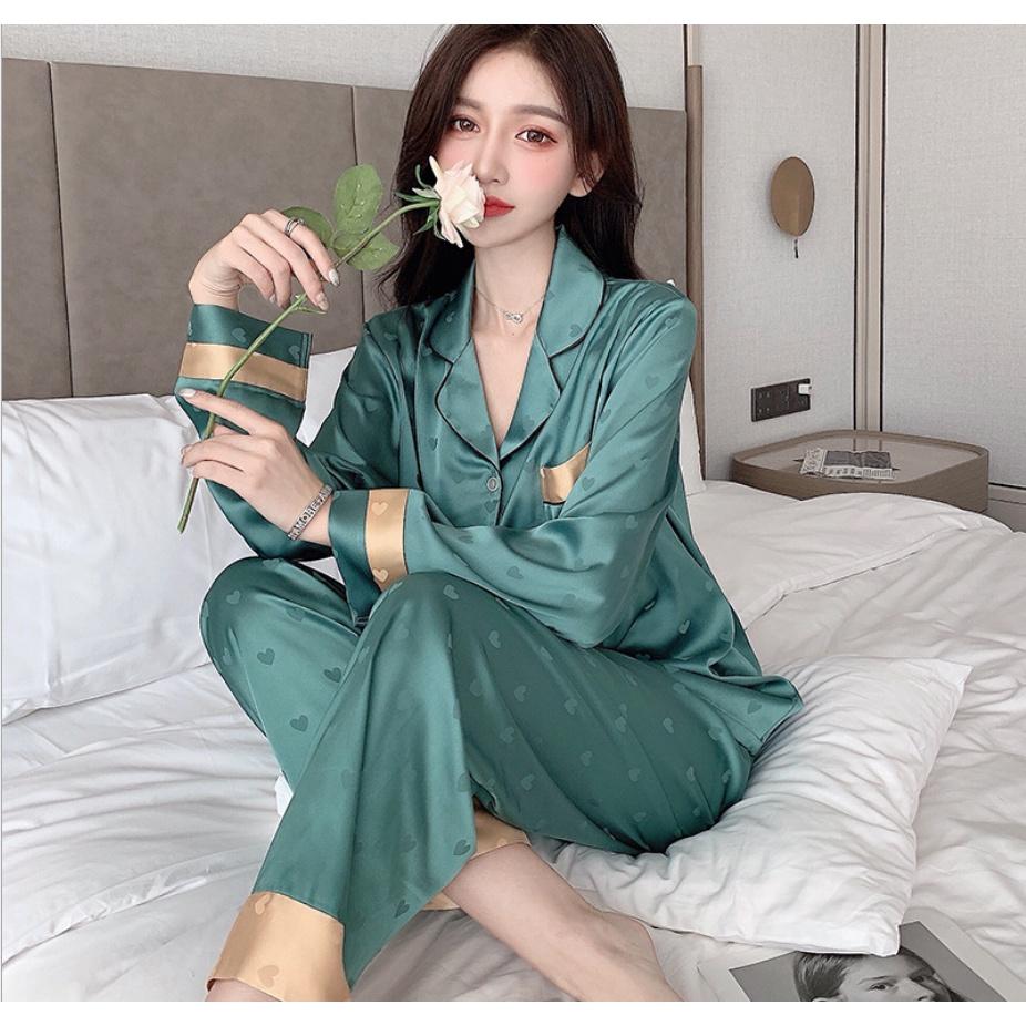 Đồ bộ lụa cao cấp dài tay mặc nhà Bộ đồ ngủ pyjama tay dài phong cách