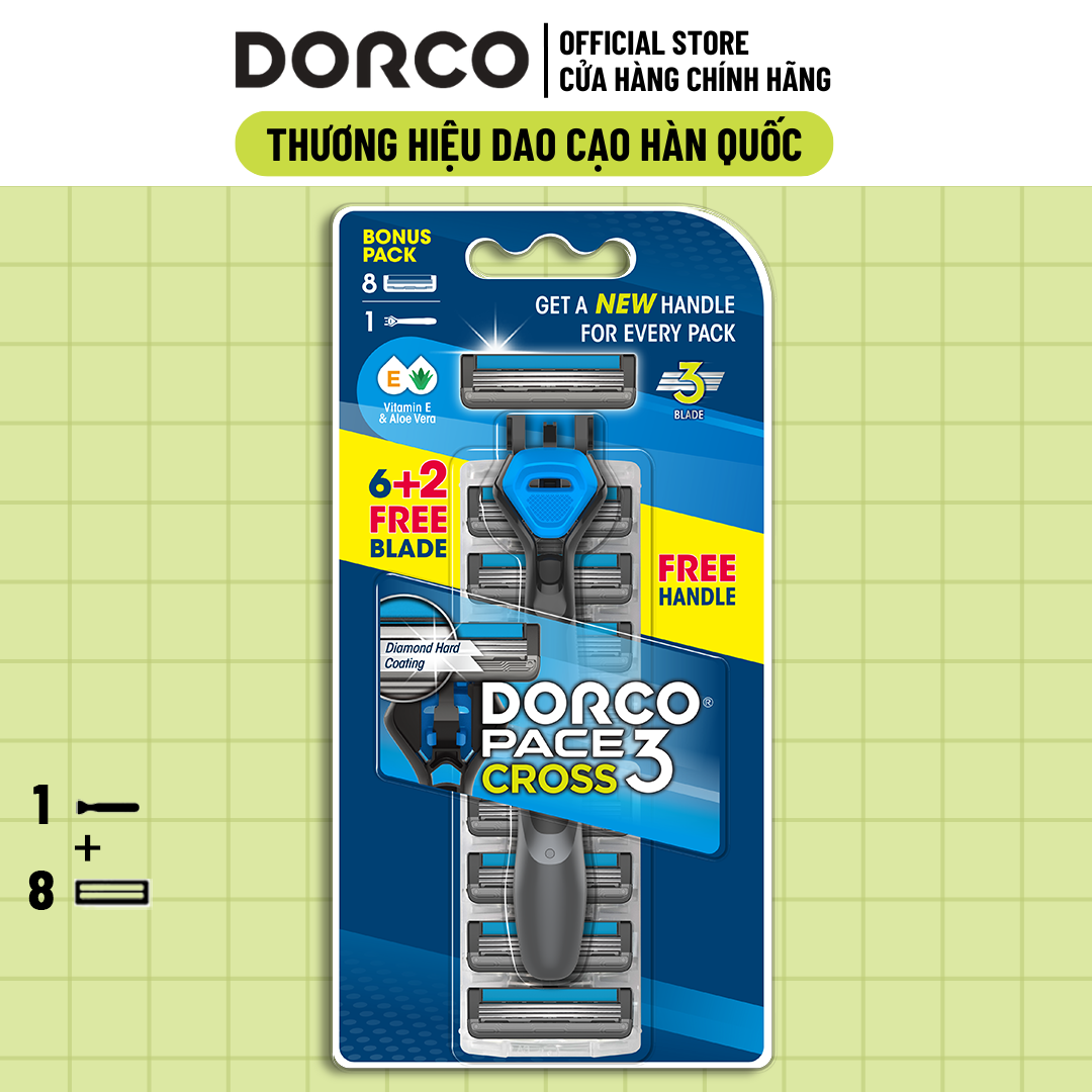 Dao Cạo Râu 3 Lưỡi Dorco Pace 3 Cross Gồm 1 Cán và 8 Đầu Dao Cạo TRC1008(6+2)-B