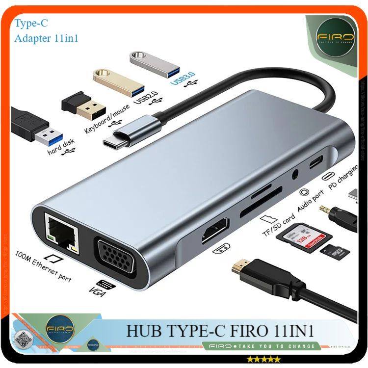 Hub Type C FIRO 11in1 - Hub Chuyển Đổi Type C To HDMI Chuẩn HDTV - 1 Cổng HDMI 4K, 1 Cổng VGA, 1 Cổng Mạng Lan, 1 Cổng Type C PD, 4 Cổng USB 3.0&2.0, 2 Khe Đọc Thẻ TF/SD, 1 Cổng Audio - Kết Nối Tốc Độ Cao-Dùng Cho Smartphone/Laptop/PC/Tivi-Hàng Chính Hãng