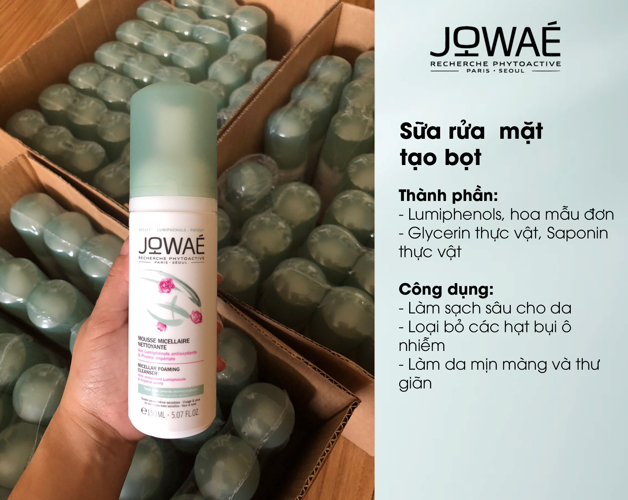 Sữa rửa mặt tẩy trang dạng bọt JOWAE kết cấu bọt mịn dung tích 150ml Mỹ phẩm thiên nhiên nhập khẩu Pháp - MICELLAR FOAMING CLEANER