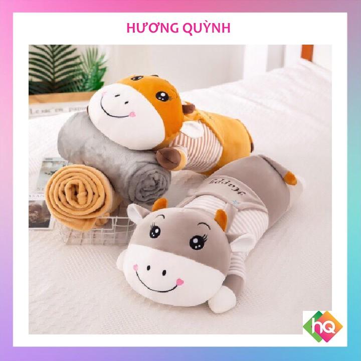 Bộ chăn gối văn phòng Bò mặc áo đáng yêu. Gấu bông đẹp cho bé
