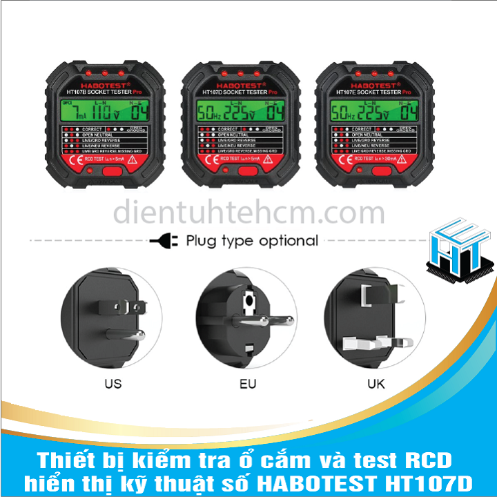 Thiết bị kiểm tra ổ cắm và test RCD hiển thị kỹ thuật số HABOTEST HT107