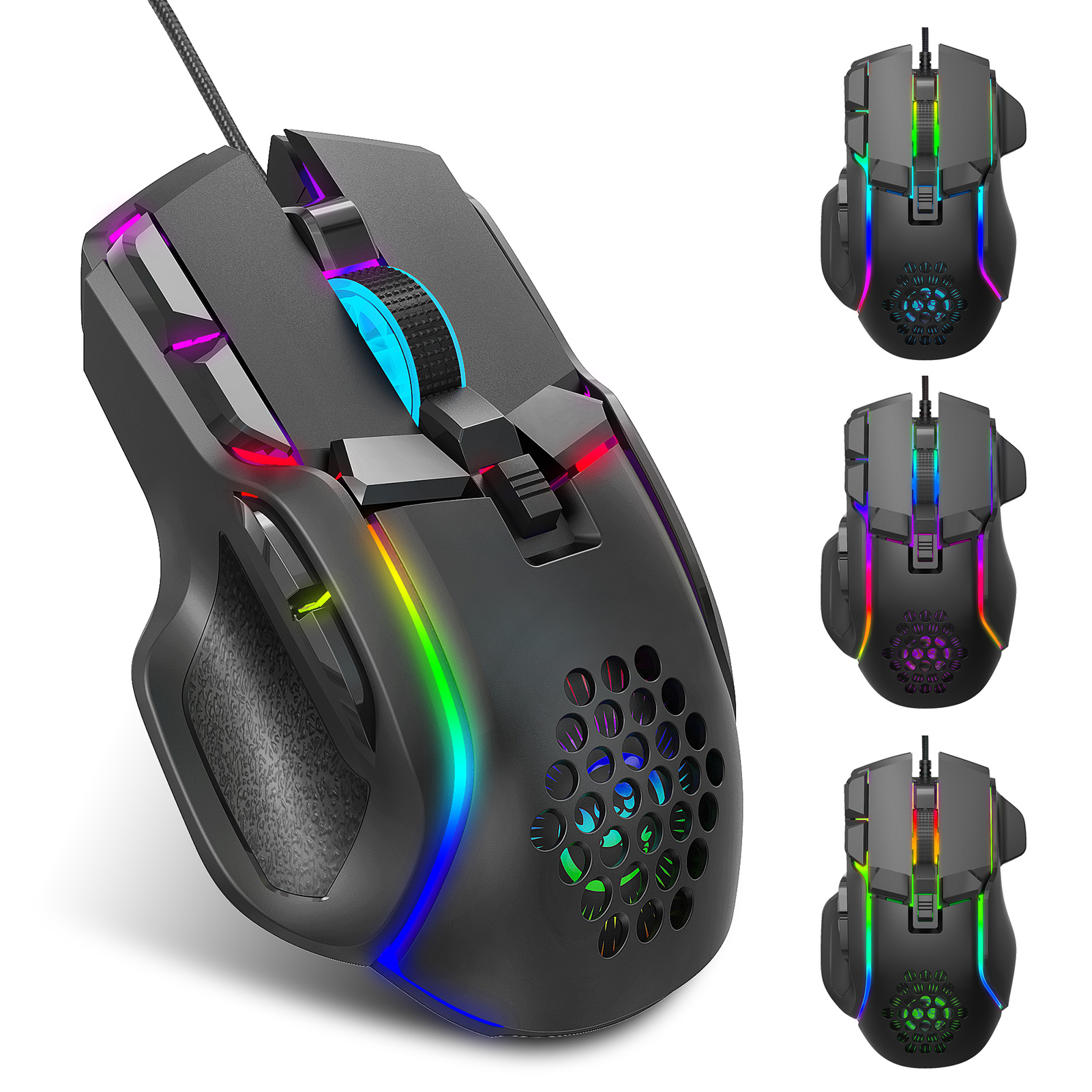 HXSJ S700 10 Keys Wired Gaming Mouse Macro Programming Ergonomic Mice with 6 Adjustable DPI RGB Light Effect