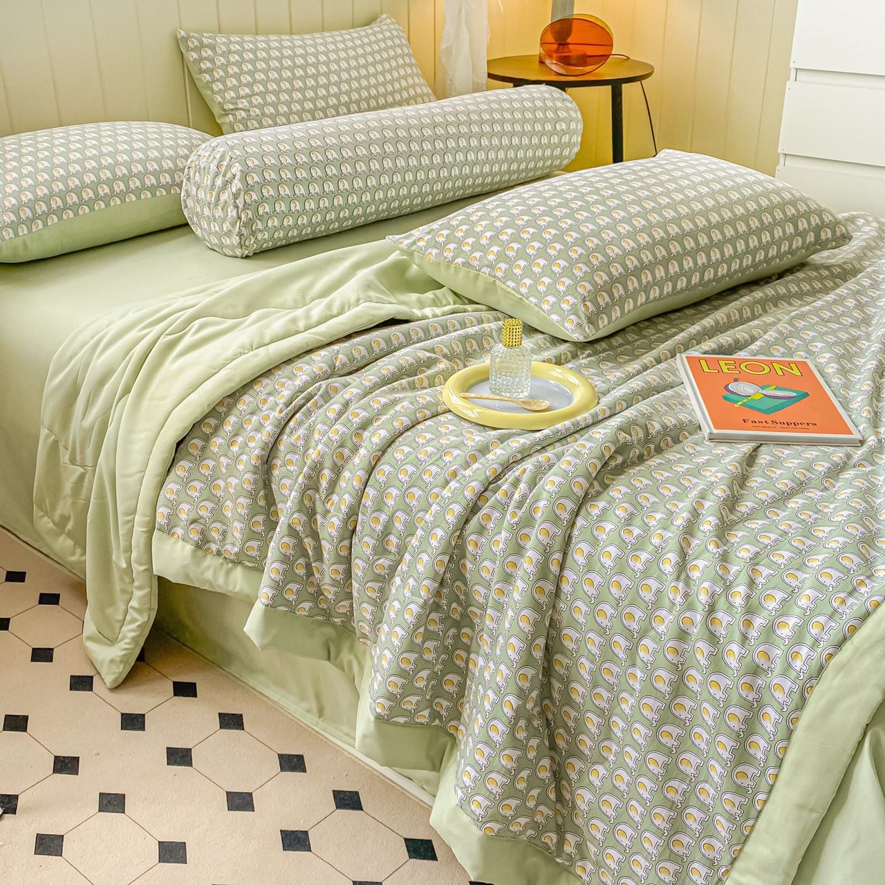 Bộ 5 món chăn chần bông cotton đũi LIDACO họa tiết vintage phù hợp với mọi cỡ nệm