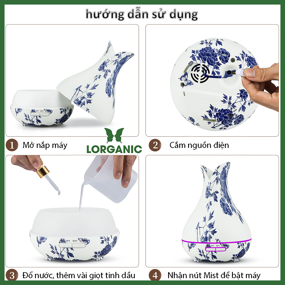 Combo máy khuếch tán/ máy xông tinh dầu Lorganic Bình Hoa Tulip Trắng FX2070 (Có remote) + tinh dầu sả chanh Lorganic (10ml)/ Phun sương sóng siêu âm/ Thích hợp xông phòng 15-40 m2