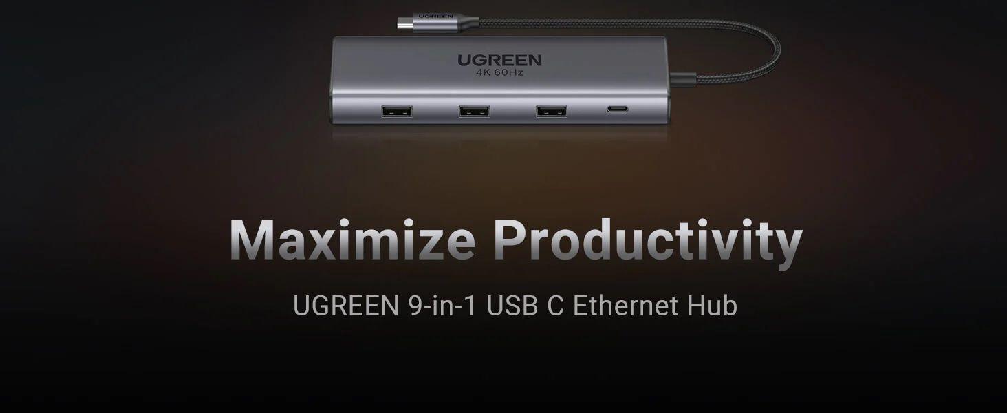 Ugreen UG15532CM498TK USB type C sang 1 x HDMI 4K60hz + 1 x USB-C 3.2 + USB-A 3.2 10Gbps + 1 x RJ45 1Gbps + TF + SD + 2 x USB 3.0 + 1 x USB-C PD 100W Bộ chuyển 9in1 - HÀNG CHÍNH HÃNG