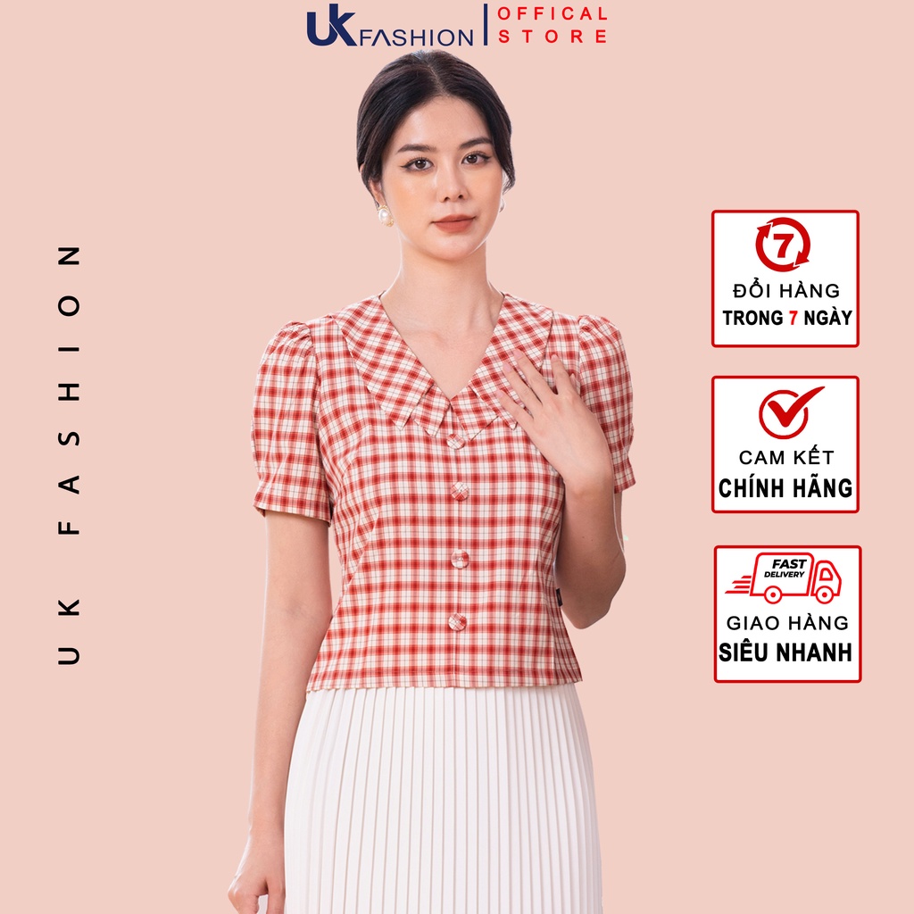 Áo Sơ Mi Nữ Công Sở Cộc Tay UK Fashion Họa Tiết Kẻ Thiết Kế Cổ Kẹp Cúc Bọc, Chất Liệu Nhập Hàn Cao Cấp NKFSM2205006