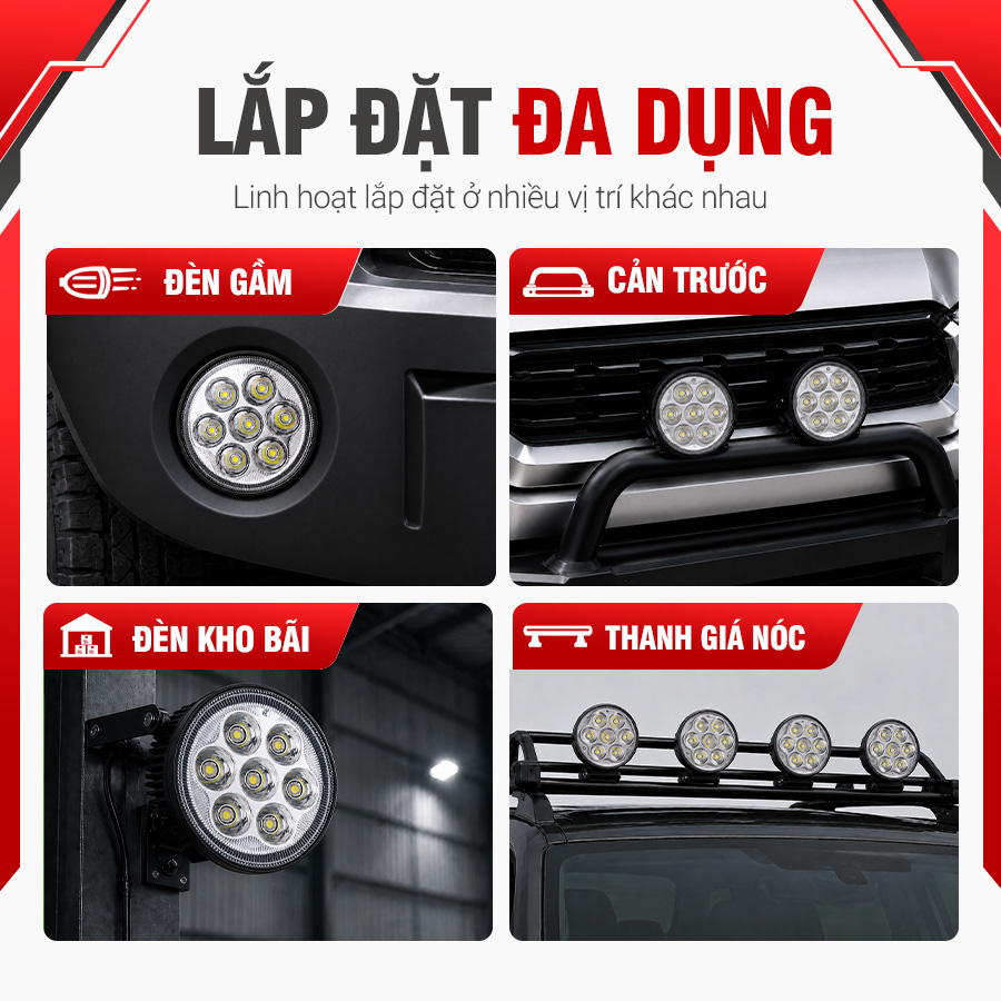 Đèn LED Trợ Sáng Tròn Viair 7 Bóng Trắng 12-30V