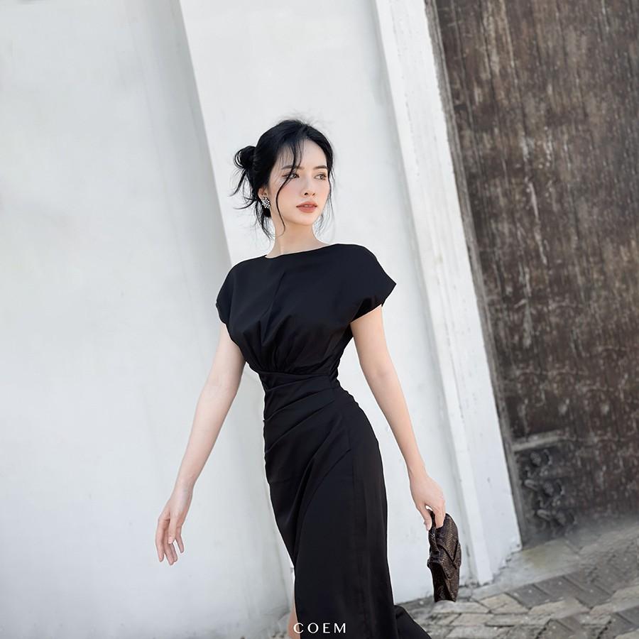 Đầm Lụa Dáng Dài Xẻ Đùi Chiết Eo Màu Đen CO EM Thiết Kế Phù Hợp Đi Tiệc Hẹn Hò Dạo Phố