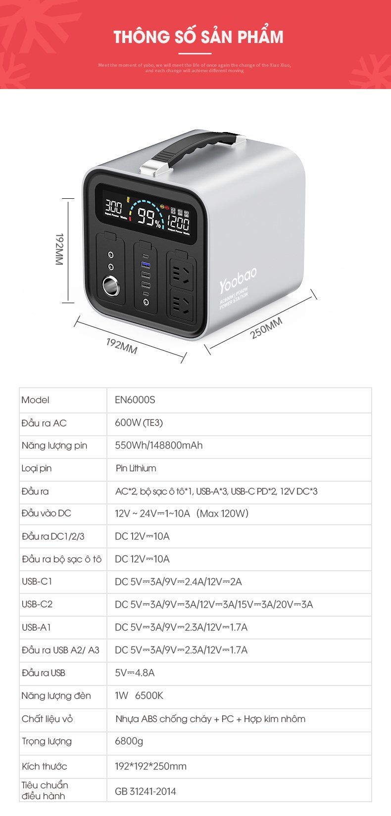 Trạm sạc dự phòng Yoobao EN600S 135200mAh PD60W 220V/600W- hàng chính hãng