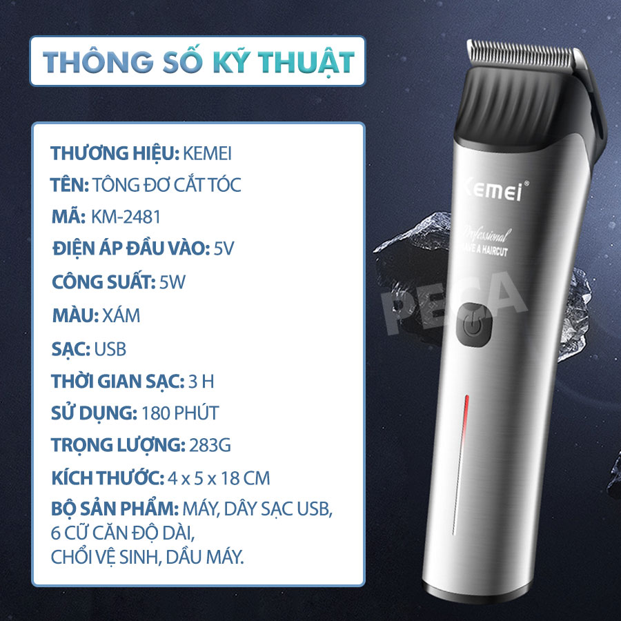 Tông đơ cắt tóc chuyên nghiệp Kemei KM-2481 dòng cao cấp sạc nhanh USB công suất mạnh thích hợp sử dụng cắt tóc trẻ em và người lớn dùng tiệm salon tóc, barbershop