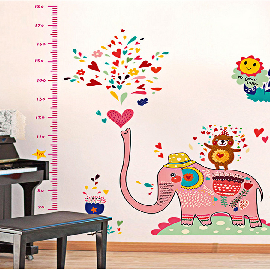 Decal dán tường thước đo chiều cao cho bé thước đo voi hồng ngộ nghĩnh sk9036