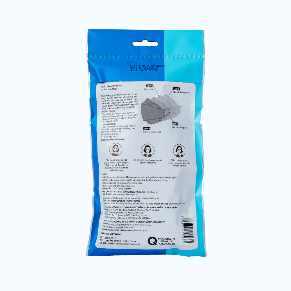 Khẩu trang y tế Pharmacity 4D Màu đen (Gói 10 Cái)