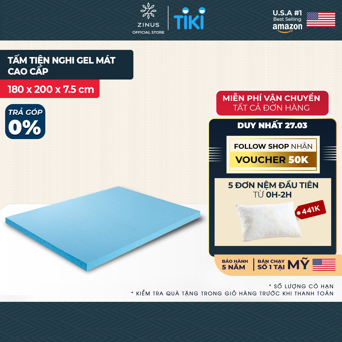 Topper Tấm Tiện Nghi Làm Mềm Nệm Gel Mát Cao Cấp Zinus - Gel Memory Foam Mattress Topper with Cover 180x200*7.5cm