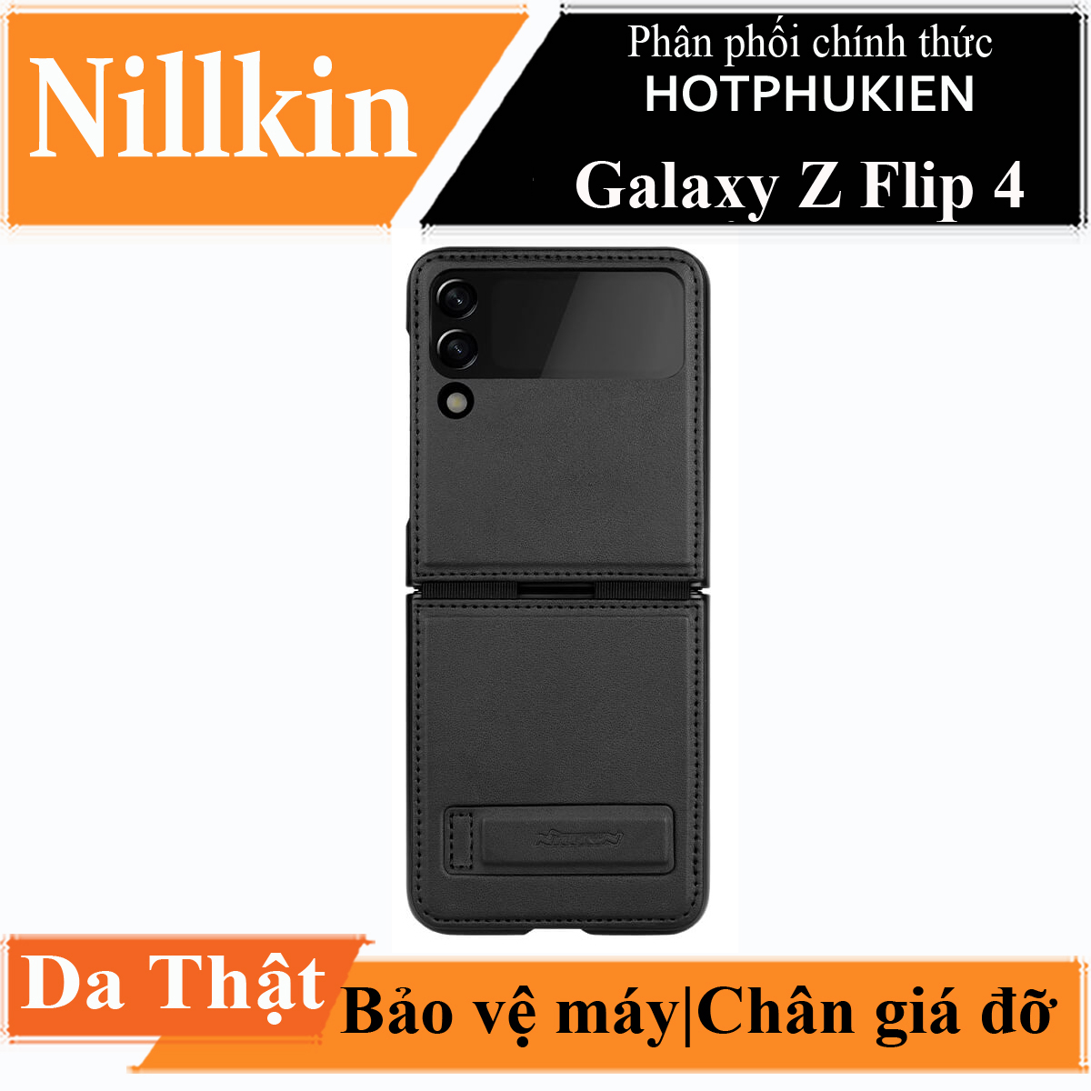 Case Bao Da Chống Sốc Cho Samsung Galaxy Z Flip 4 Trang Bị Chân Chống Giá Đỡ Điện Thoại Hiệu Nillkin Qin Vegan Bảo Vệ Máy Cực Tốt, Chất Liệu Da Thật Cao Cấp, Thiết Kế Thời Trang Cá Tính - Hàng Nhập Khẩu - Đen
