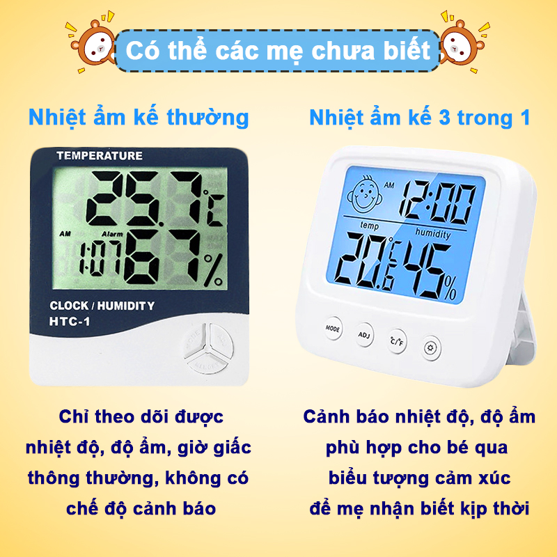 Nhiệt ẩm kế điện tử 3 trong 1 cao cấp Baby-S, Nhiệt kế phòng ngủ cho bé đa năng và tiện dụng – SDT005