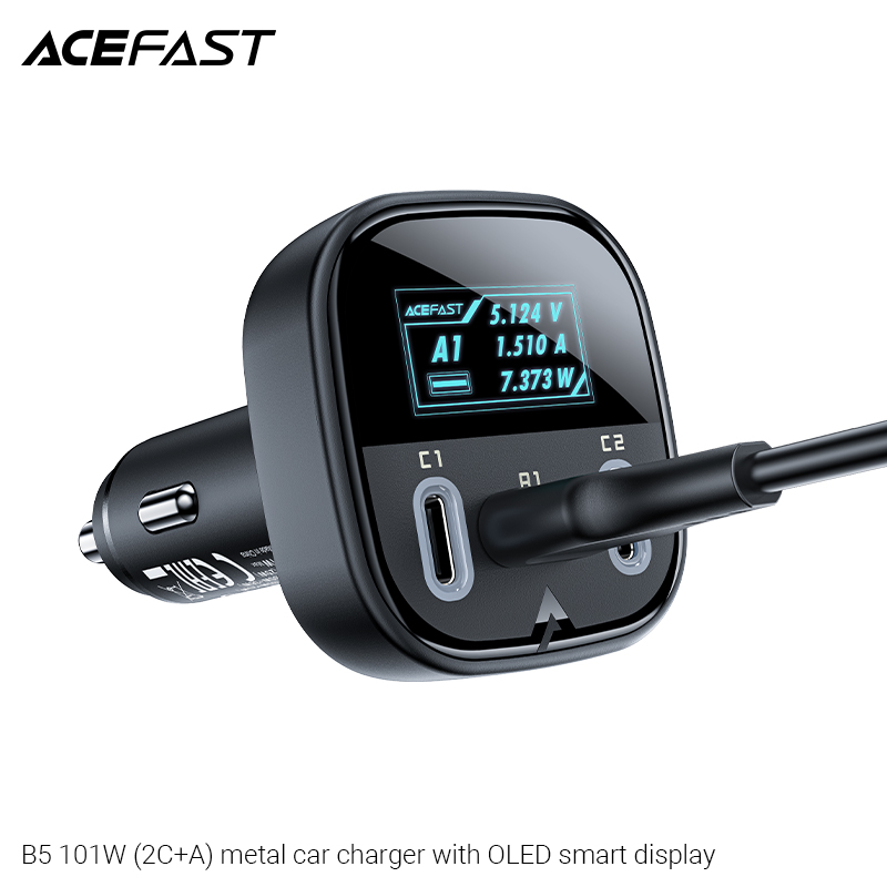 Sạc ô tô Acefast 101W 3 cổng 2xUSB-C + USB-A có đèn hiển thị - B5 Hàng chính hãng Acefast