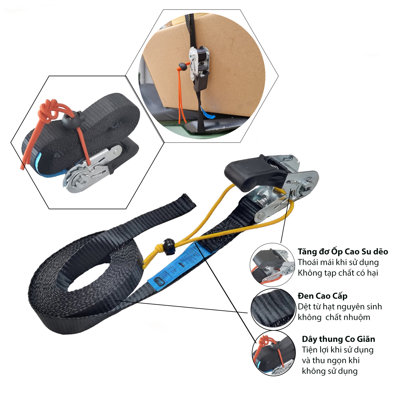 Dây chằng hàng Tăng đơ  Endless tupe, Dây Đen bóng cao cấp, rộng 25mm, chiều dài tùy chọn, tải trọng làm việc 600kg - 1200kg