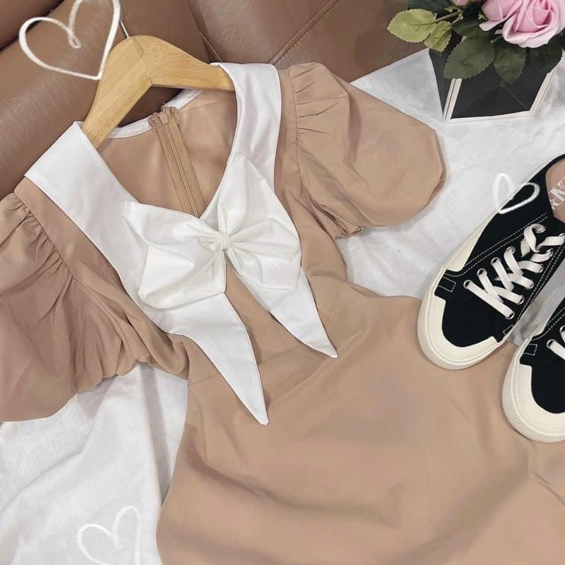 Đầm nude tay bồng cổ nơ trắng đi tiệc đám cưới, đi chơi, du lịch TKN