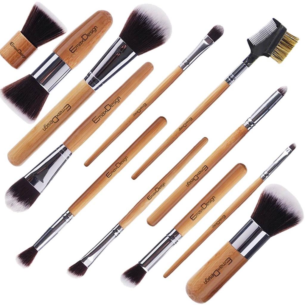 TÚI 12 CỌ TRANG ĐIỂM CHUYÊN NGHIỆP - SỢI KABUKI - CÁN TRE EmaxDesign 12 Pieces Makeup Brush Set Professional