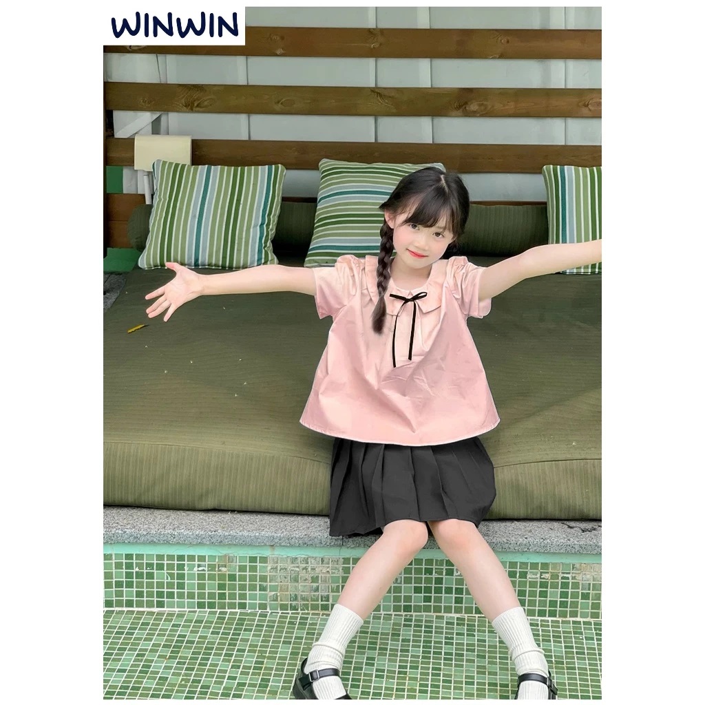 Set Váy Bé Gái, Bộ Bé Gái Phong Cách Học Sinh Áo Kate Cổ Sen Đính Nơ Kèm Chân Váy Xếp Ly Từ 12-45kg Dành Cho Bé Gái