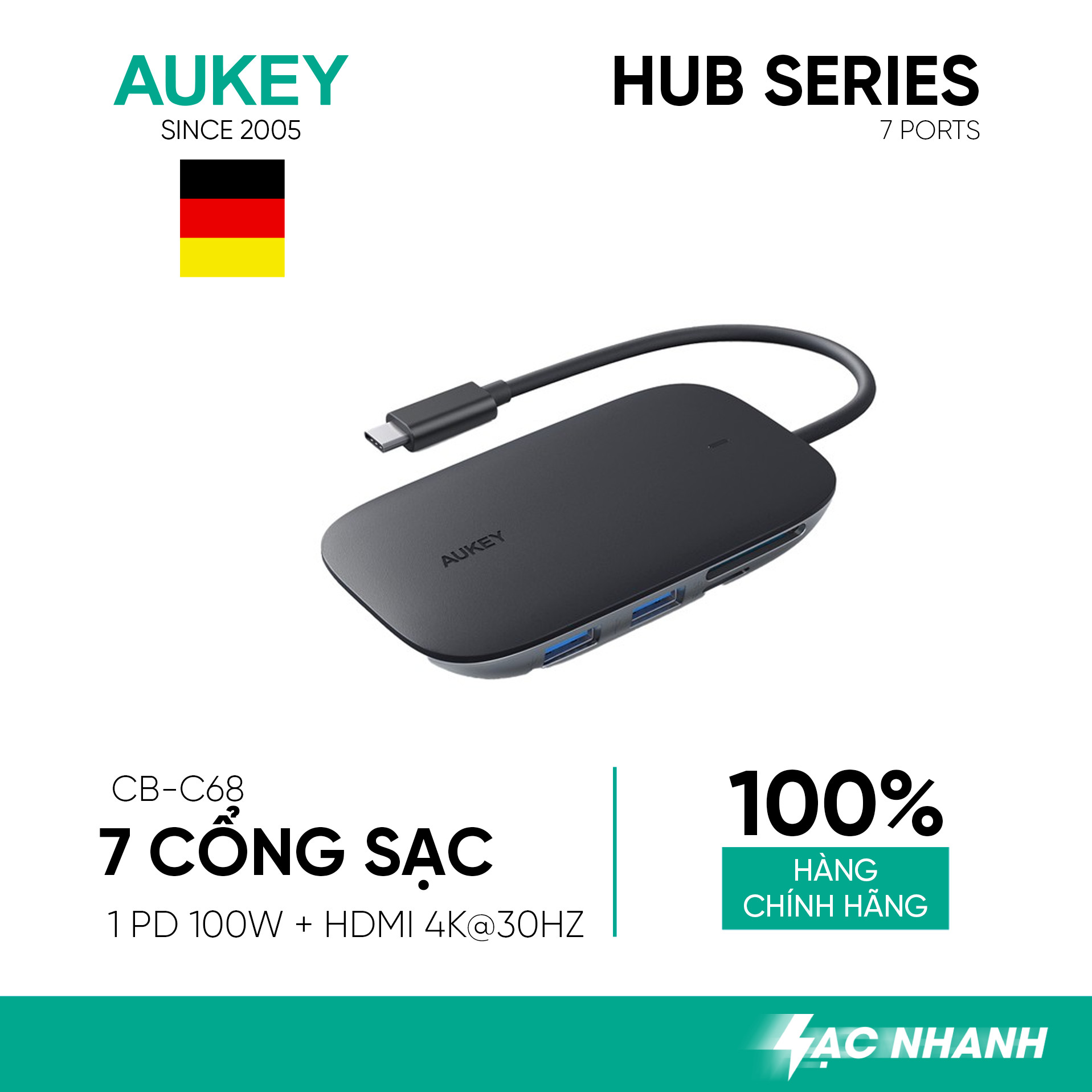 Hub Chia Cổng Type C AUKEY CB-C68 Mở Rộng 7 Cổng 1 Type C Power Delivery 100W 3 Cổng USB 3.1 (5 Gbps) 1 Cổng SD &amp; 1 Cổng Micro SD - Hàng Chính Hãng