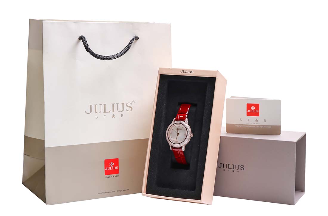 Đồng Hồ Nữ JS-044 Kính Sapphire Julius Hàn Quốc Dây Da Màu Đỏ