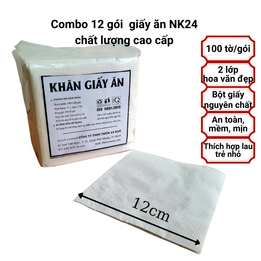 Combo (12 gói) khăn giấy ăn vuông nhỏ 2 lớp 100 tờ/ gói NK24 , 12x12cm