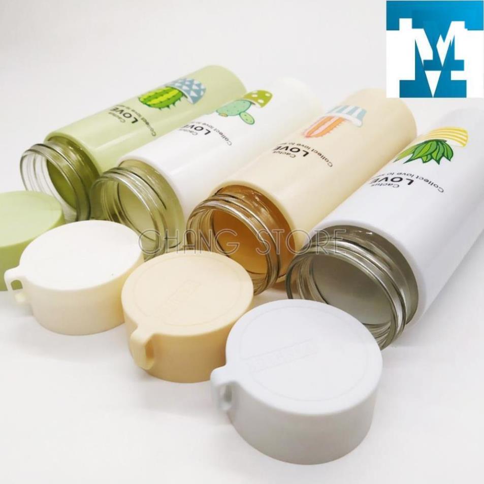 Bình Giữ Nhiệt Thủy Tinh Bọc Nhựa Lúa Mạch 450ml Họa Tiết Xương Rồng, Chống Va Đập, Có Dây Xách Tiện Dụng