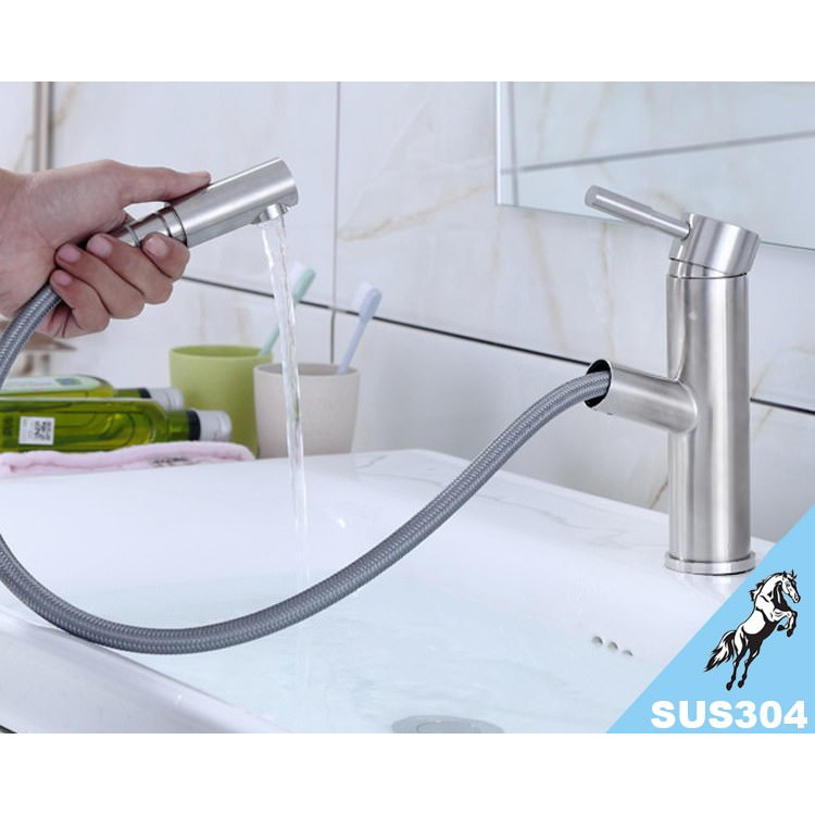 Vòi Lavabo nóng lạnh trụ tròn kiêm đầu xịt SUS304 + 2 dây cấp - ITALIA