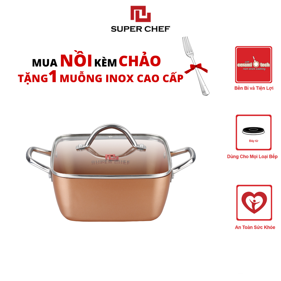 Nồi Vuông Bếp Từ Super Chef Cao Cấp Tráng Men Gốm Ceramic Chống Dính An Toàn Sức Khỏe, Không Bong Tróc, Hạn Chế Trầy, Dày Dặn Chín Đều (Size 20, 24cm)