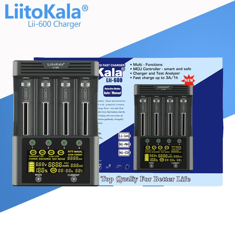 Bộ sạc pin LiitoKala Lii-600 cho pin Li-ion 3.7V và NiMH 1.2V Thích hợp cho 18650 26650 21700 26700 AA AAA 12V5A Màu sắc: 1 cái