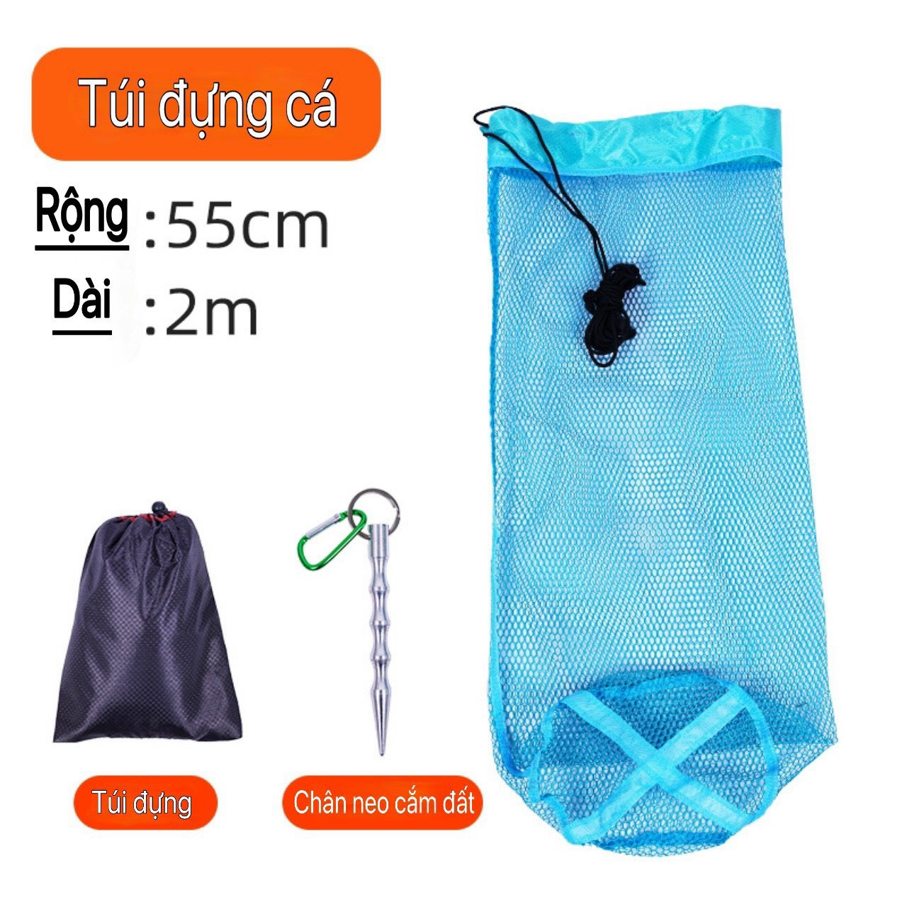 Túi lưới đựng cá rộng 55cm dài 1m5, 2m, 2m5,3m