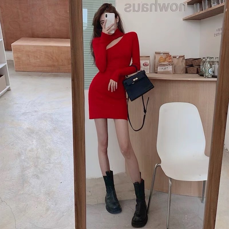 Đầm đẹp cổ cao khoét vai phong cách Hàn quốc ôm body tôn dáng mặc đi tiệc đi chơi đi du lịch hàng cao cấp có sẵn tại Han