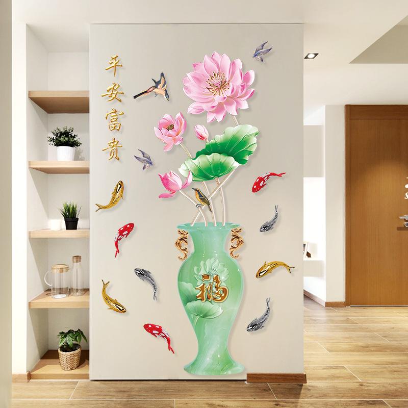 DECAL DÁN TƯỜNG TRANH CÔNG VÀ BÌNH SEN ĐÁ CẨM THẠCH XANH
