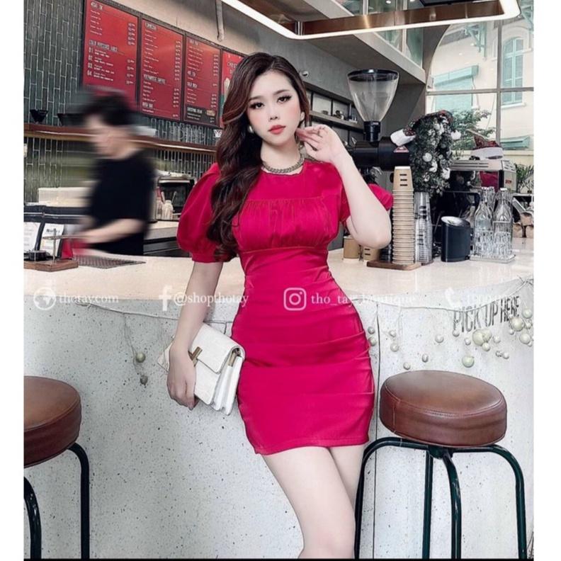 Đầm body xếp ly tay phồng cổ tròn nhún ngực sang chảnh