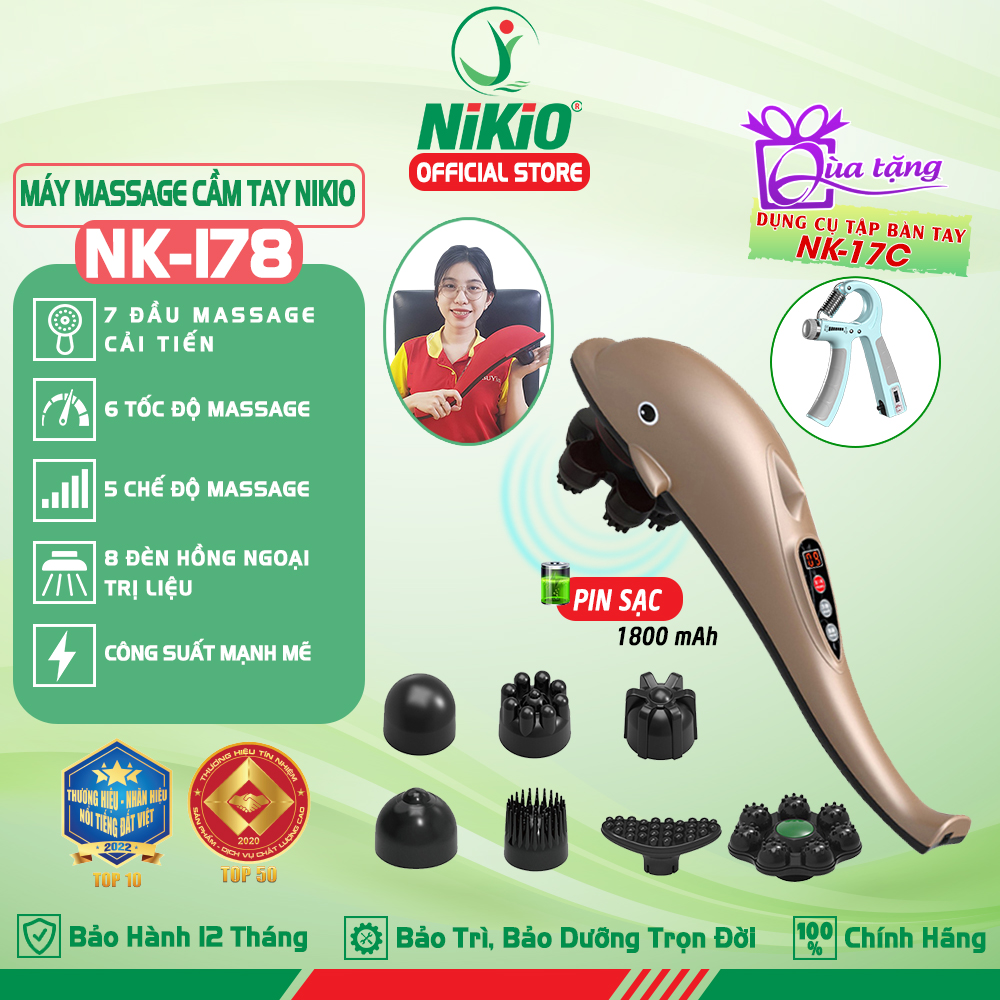 Máy Massage Cầm Tay Cá Heo Nikio NK-178 Dòng Cao Cấp – 6 Cấp Độ, Pin Sạc Không Dây, Cán Tay Dài Hỗ Trợ Mát Xa Toàn Thân, Với 7 Đầu Mát Xa Cải Tiến Mát Xa Giảm Đau Cơ, Khớp – Tăng Tuần Hoàn Máu – vàng