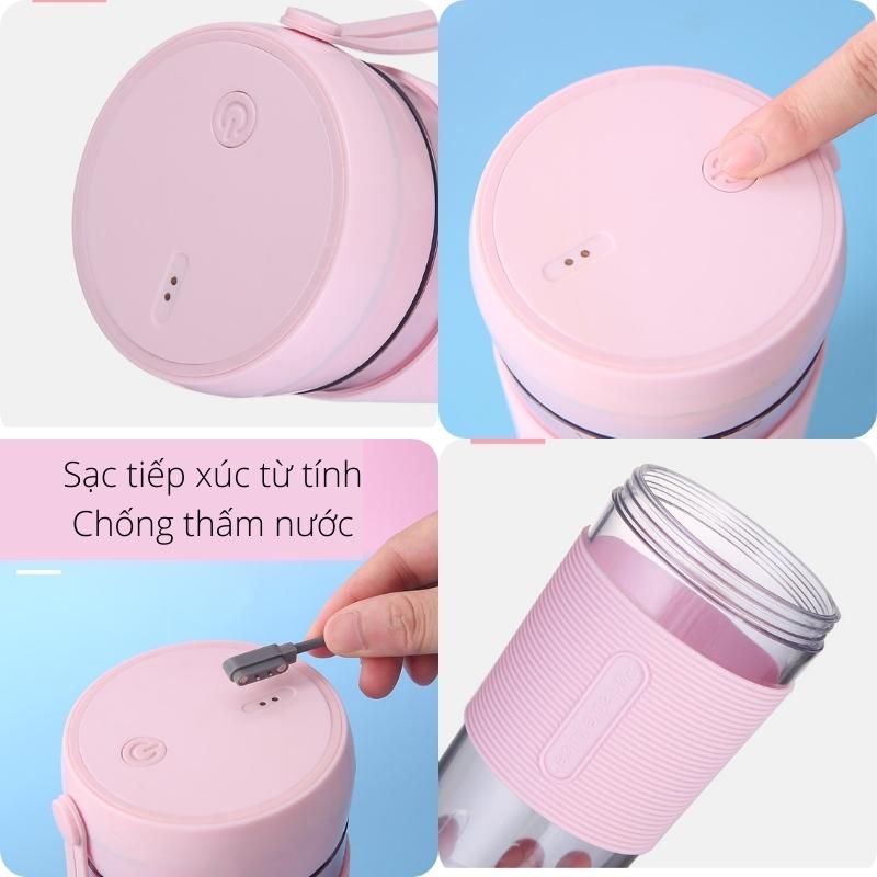 Máy Xay Sinh Tố Mini Cầm Tay 420ml 4 Lưỡi Dao Thép Không Gỉ Có Pin Sạc USB Bugu QH-09 - Hàng Chính Hãng